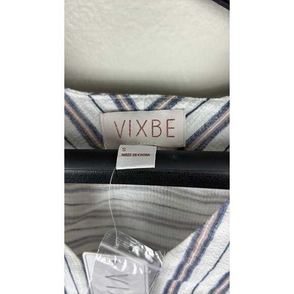 Vixbe - Small - Knotted Front V-Neck Cropped Shirt, Gray/White Stripes - Picture 2 of 6